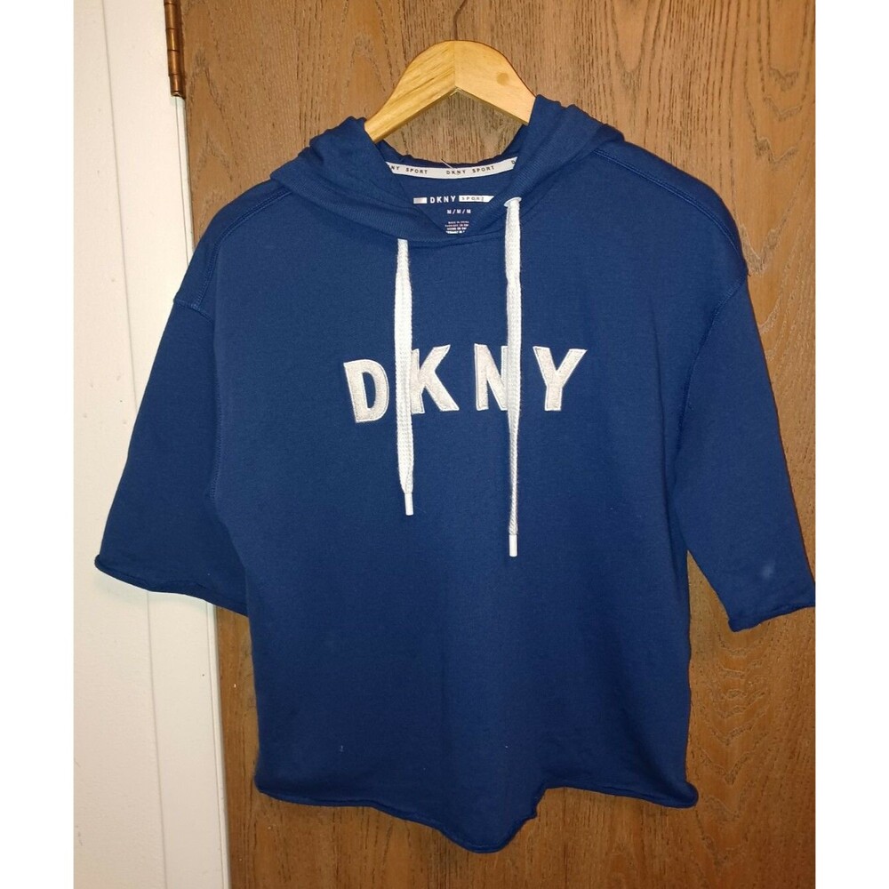 DKNY Cropped Short Sleeve Blue Fleece Hoodie Womens Size Medium